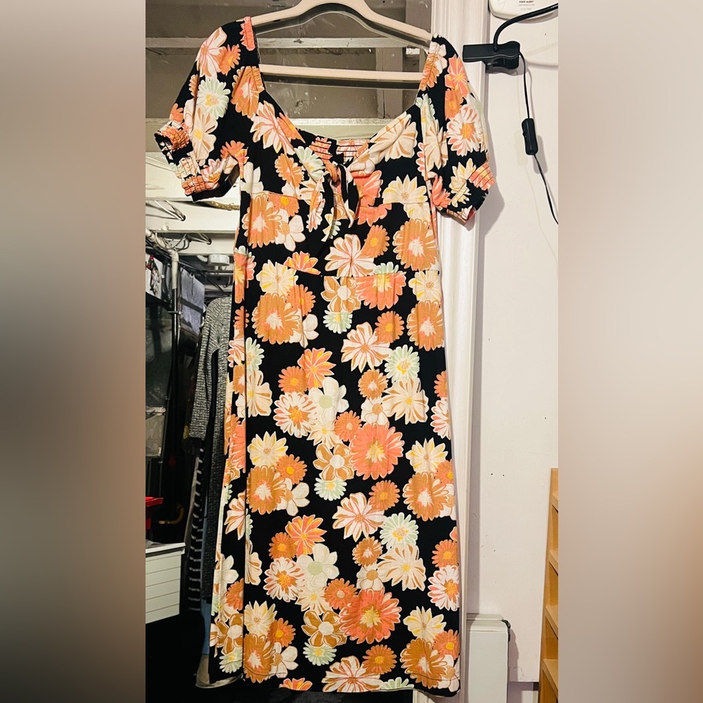 Roxy Black and Orange Floral Midi Dress